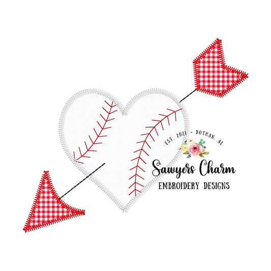 Baseball sports ball heart with arrow, zigzag applique machine embroidery design file, baseball, Valentine's Day, love, cupid, XOXO