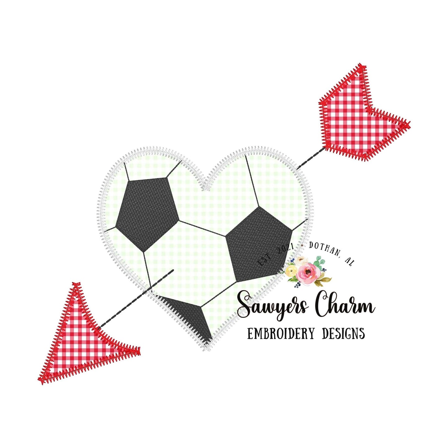 Soccer ball sports ball heart with arrow, zigzag applique machine embroidery design file, Valentine's Day, love, cupid, XOXO