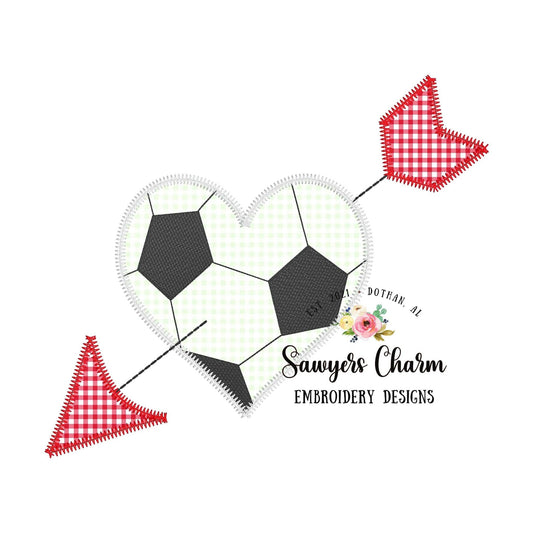 Soccer ball sports ball heart with arrow, zigzag applique machine embroidery design file, Valentine's Day, love, cupid, XOXO