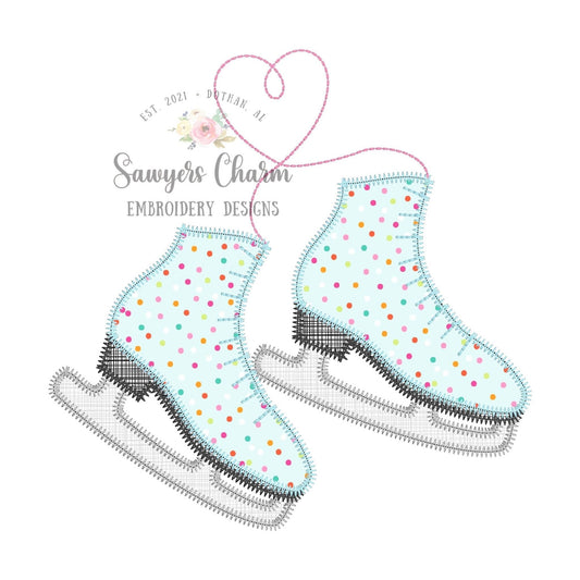 BUNDLE Ice skates heart strings zigzag and bean stitch machine applique embroidery design file, winter wonderland, love, skating snow, quick