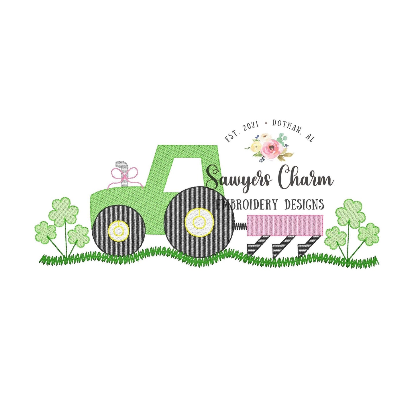 BUNDLE Tractor shamrocks/clovers with & without bow sketch stitch machine embroidery design file, bean stitch farming plow St. Patrick's Day