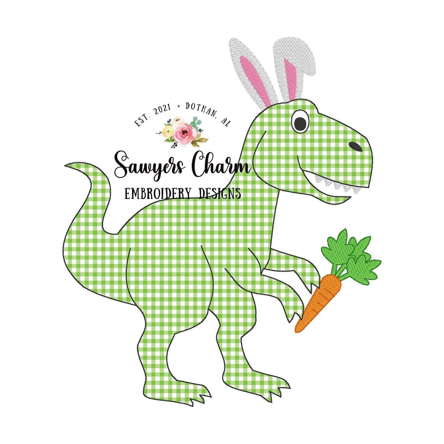 Easter bunny ears T-Rex bean stitch applique, with carrot machine embroidery design file, quick stitch, tyrannosaurus rex dinosaur dino