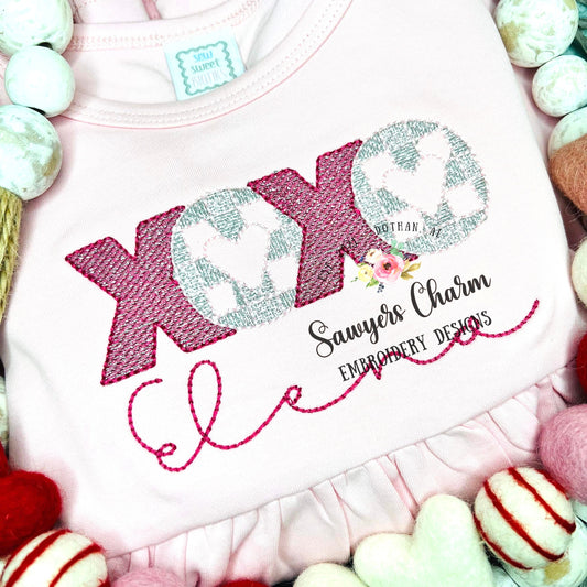 XOXO gingham heart sketch stitch, machine embroidery design file, winter, Valentine's Day, love, hugs and kisses, quick stitch, plaid check