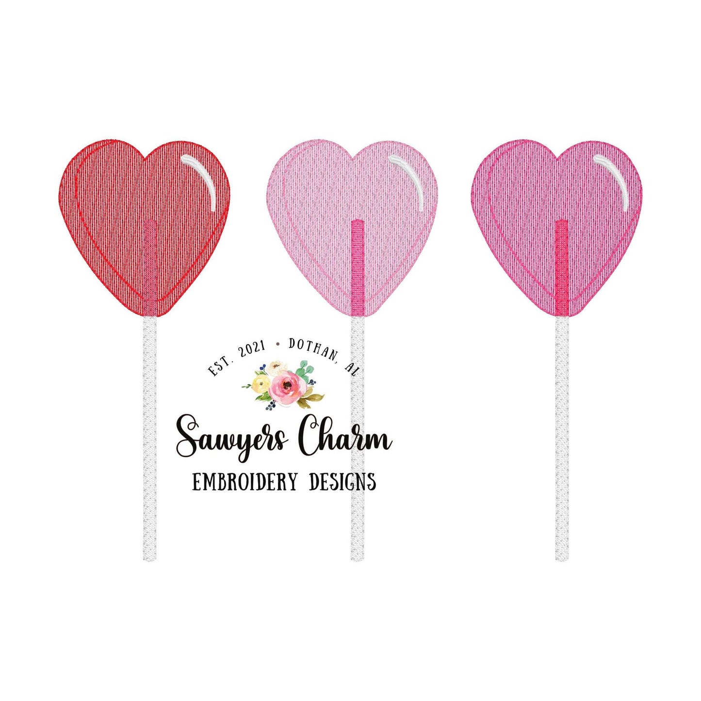 Valentine's Day lollipop heart suckers trio with & without bows sketch stitch machine embroidery design file, quick stitch love XOXO be mine