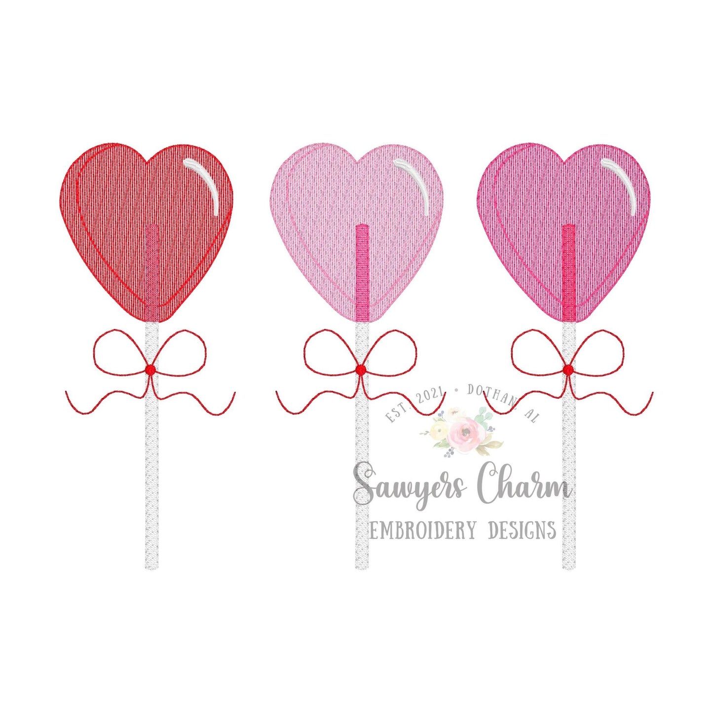 Valentine's Day lollipop heart suckers trio with & without bows sketch stitch machine embroidery design file, quick stitch love XOXO be mine