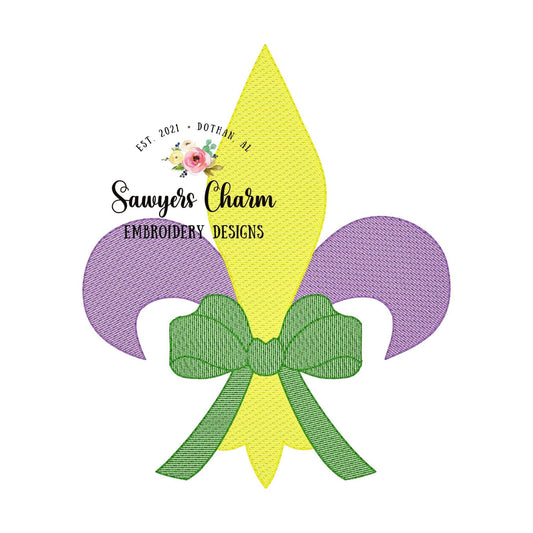 BUNDLE Mardi gras fleur de lis sketch stitch machine embroidery design file, with and without bow, quick stitch, bean stitch details