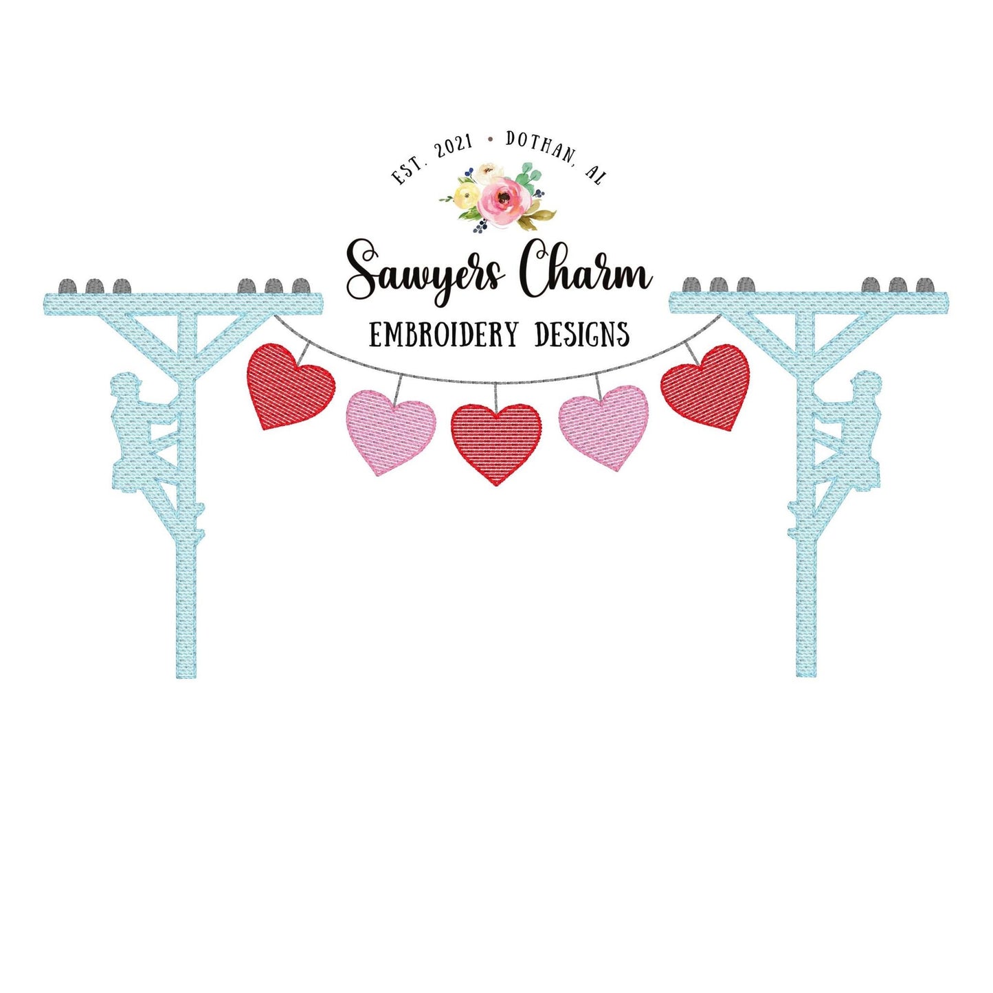 Valentine lineman hearts bunting banner, sketch stitch machine embroidery design file, quick stitch, bean stitch, love, XOXO