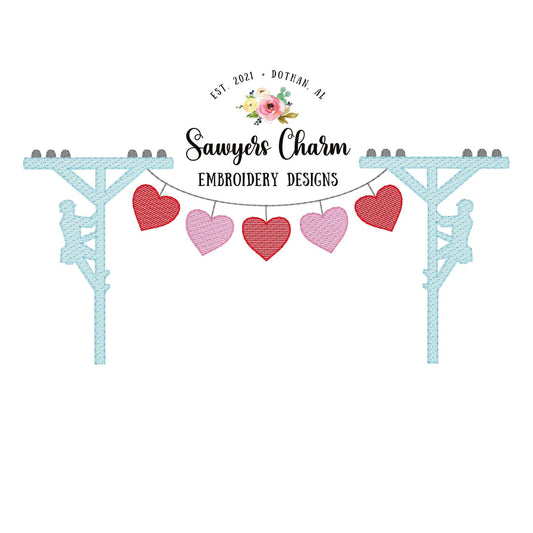 Valentine lineman hearts bunting banner, sketch stitch machine embroidery design file, quick stitch, bean stitch, love, XOXO