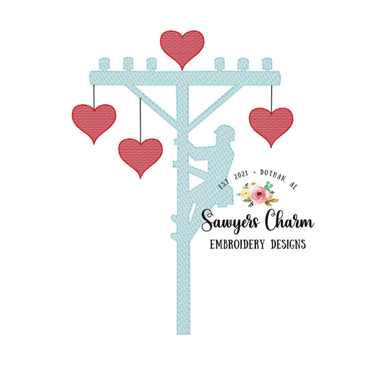 Valentine lineman hearts sketch stitch machine embroidery design file, quick stitch, bean stitch, love, XOXO, bucket truck, construction