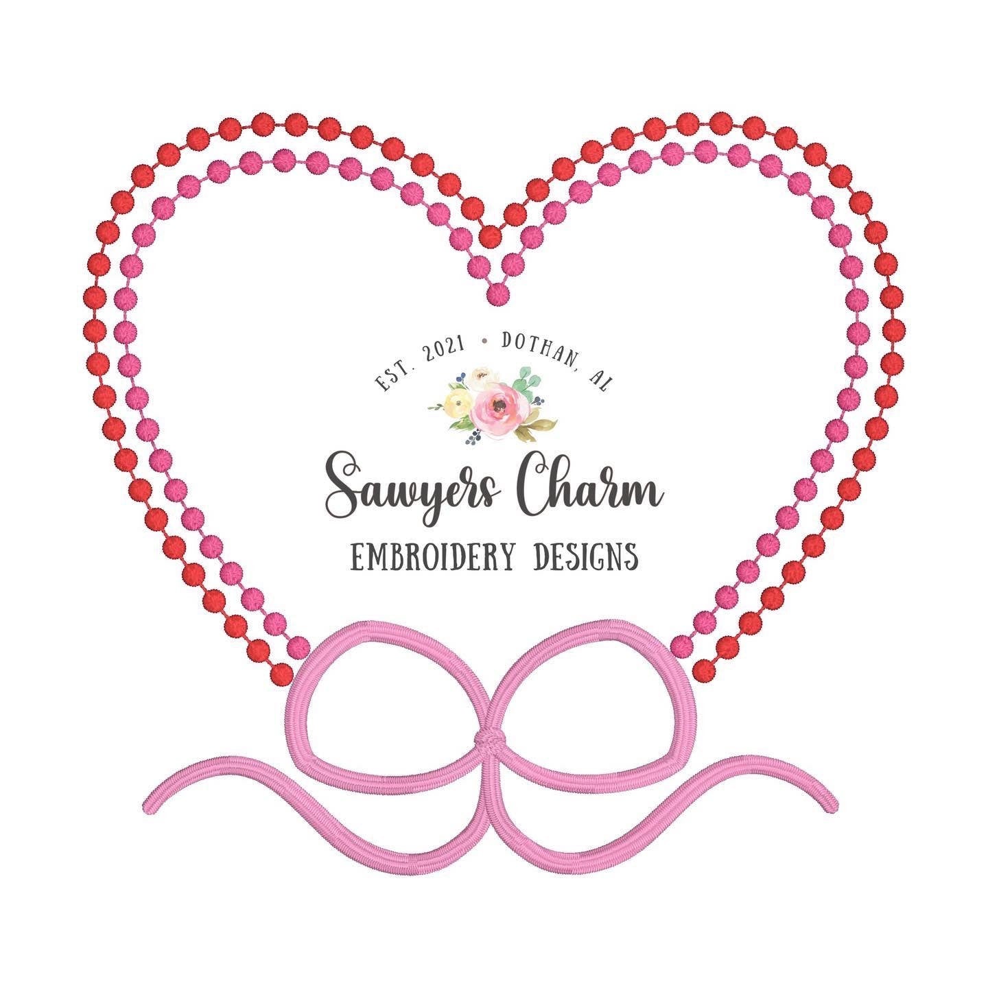 Valentine's Day dotted hearts with bow monogram frame, satin stitch machine embroidery design file, quick stitch, love XOXO