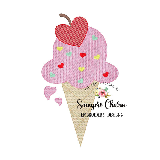 Ice cream cone with heart cherry & sprinkles, sketch stitch machine embroidery design file, love, chocolate snacks Valentine's Day Be mine