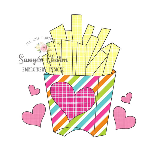 BUNDLE Valentine's Day french fries zigzag & bean stitch applique machine embroidery design file, quick stitch, love XOXO, fast food be mine