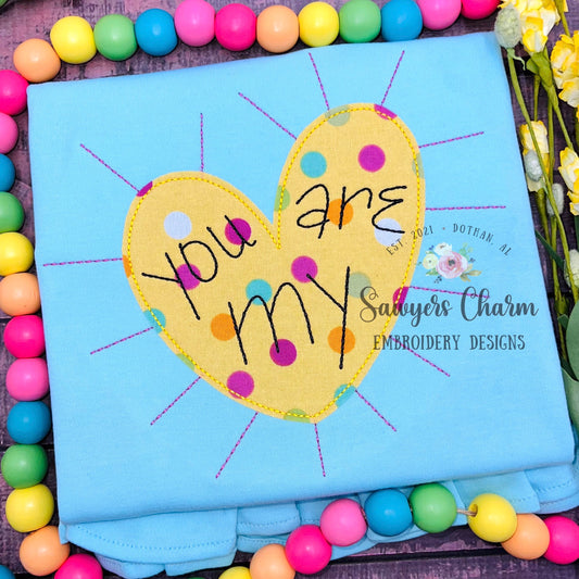 BUNDLE You are my Sunshine heart bean stitch & zig zag applique machine embroidery design file, quick stitch, summer, spring, love