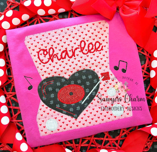 BUNDLE Heart record player bean & zigzag stitch machine applique embroidery design file, Valentine's Day, love, retro vintage, music
