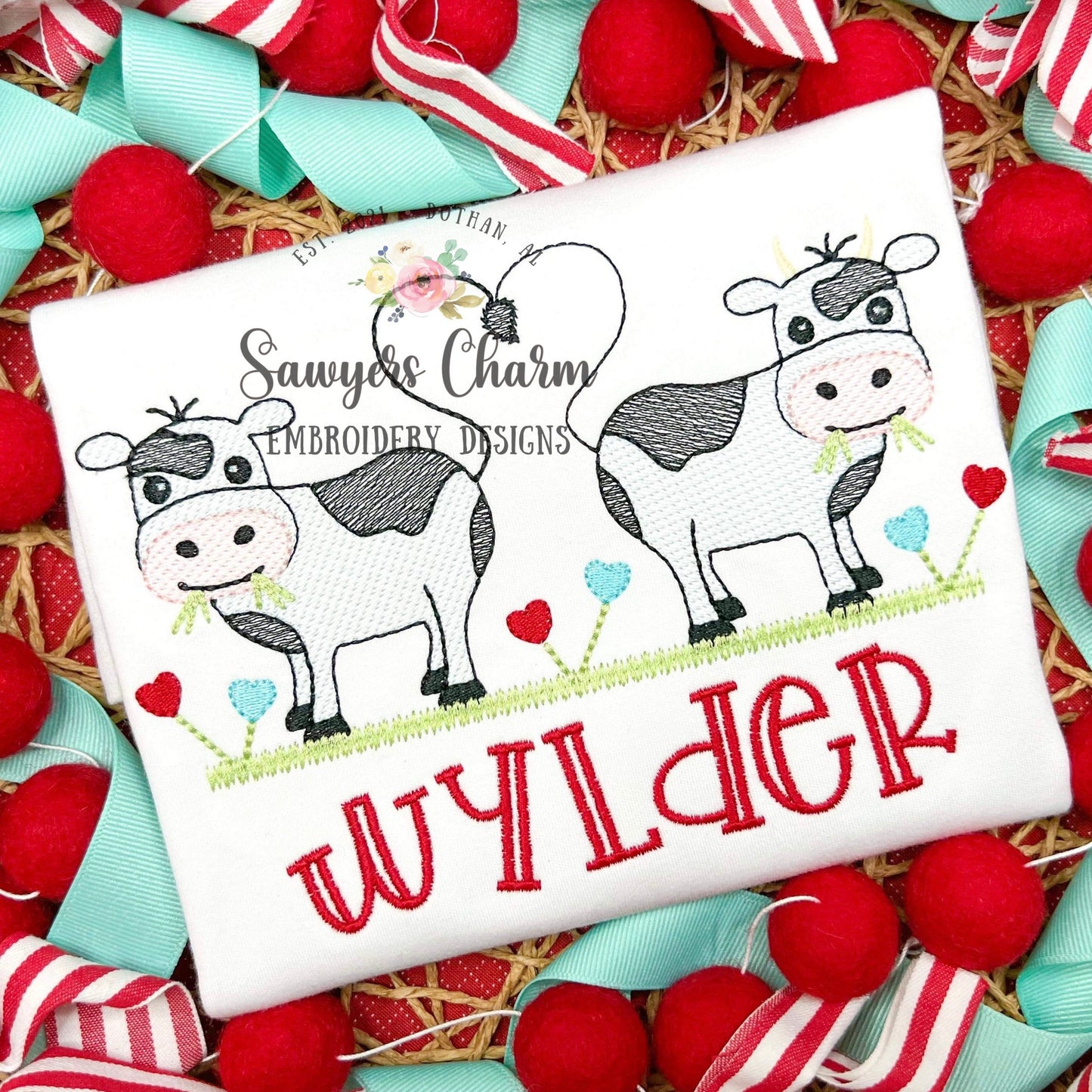Valentine's Day Cows with hearts/flowers sketch stitch machine embroidery design file, quick stitch, bean stitch, love, farm animals, XOXO