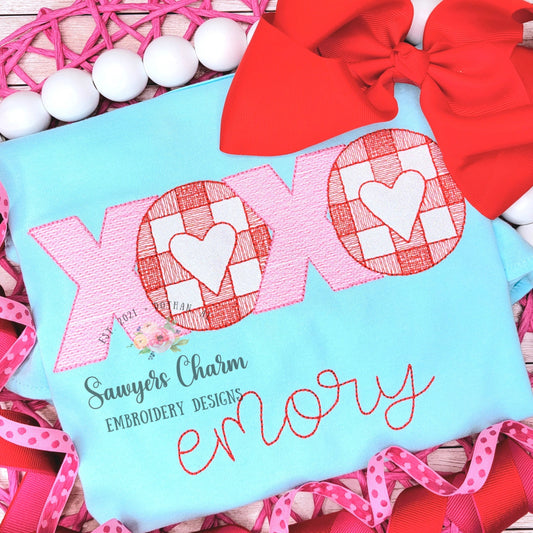 XOXO gingham heart sketch stitch, machine embroidery design file, winter, Valentine's Day, love, hugs and kisses, quick stitch, plaid check