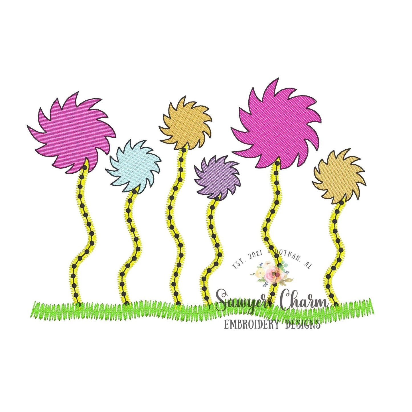 Whimsical flowers sketch stitch machine embroidery design file quick stitch, bean stitch Read Across America, cat hat doctor