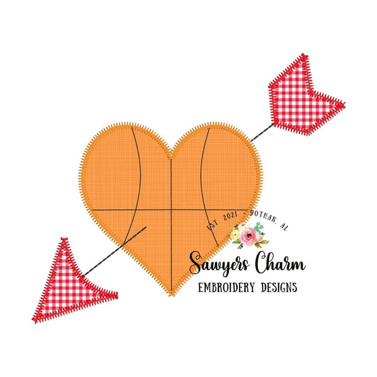 Basketball sports ball heart with arrow, zigzag applique machine embroidery design file, Valentine's Day, love, cupid, XOXO