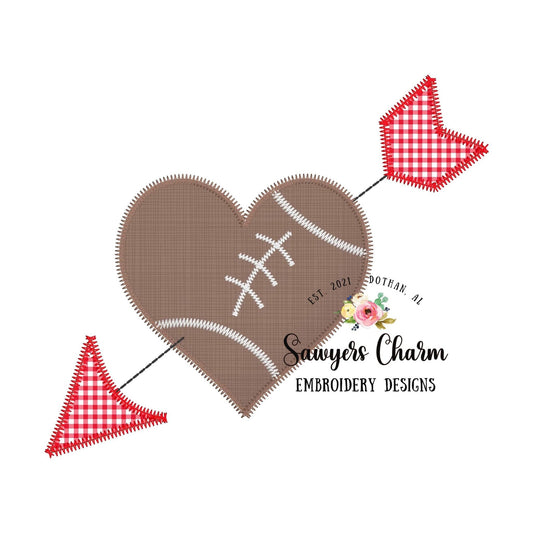 Football sports ball heart with arrow, zigzag applique machine embroidery design file, Valentine's Day, love, cupid, XOXO