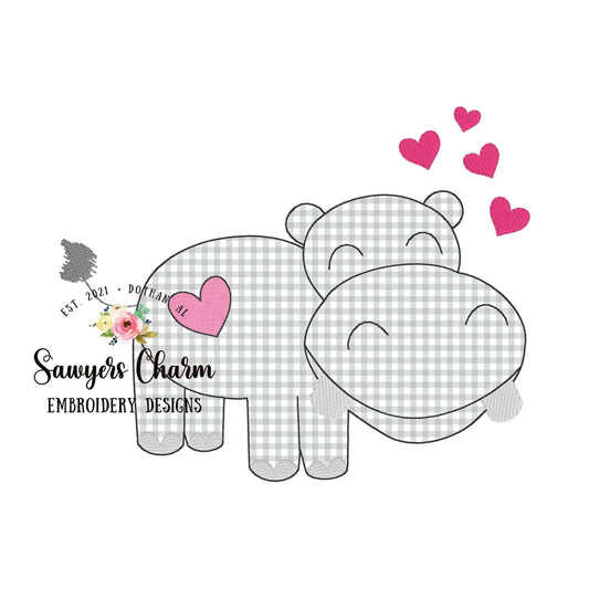 Valentine's Day hippo with hearts bean stitch applique, machine embroidery design file, quick stitch, love be mine XOXO sketch stitch hearts
