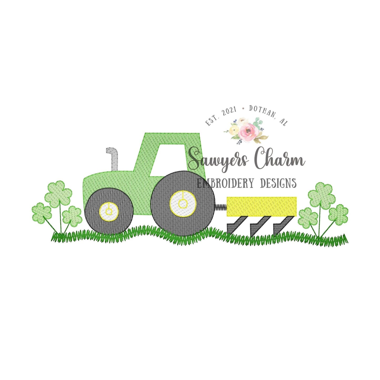 BUNDLE Tractor shamrocks/clovers with & without bow sketch stitch machine embroidery design file, bean stitch farming plow St. Patrick's Day