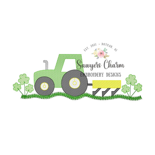 BUNDLE Tractor shamrocks/clovers with & without bow sketch stitch machine embroidery design file, bean stitch farming plow St. Patrick's Day