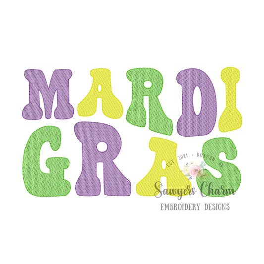 Mardi Gras retro, chunky wording/phrase sketch stitch machine embroidery design file, quick stitch, bean stitch details, good times roll