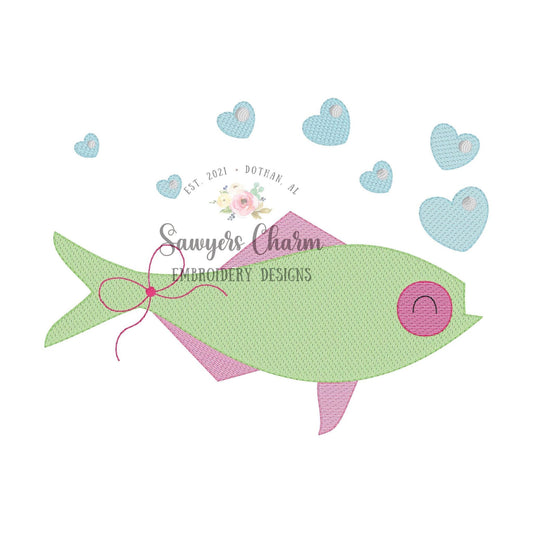 BUNDLE Fish heart bubbles with & without bow sketch stitch machine embroidery design file, bean stitch, fishing, love XOXO be mine, catch
