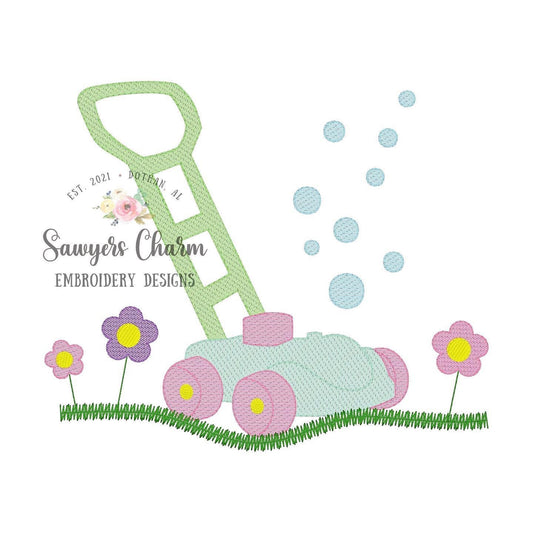 Toy bubble mower with flowers sketch stitch machine embroidery design file, quick stitch, beans stitch, grass, summer spring outdoors floral