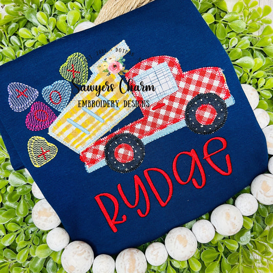 Conversation candy hearts dump truck zigzag stitch machine applique embroidery design file, Valentine's Day, love, transportation vehicle