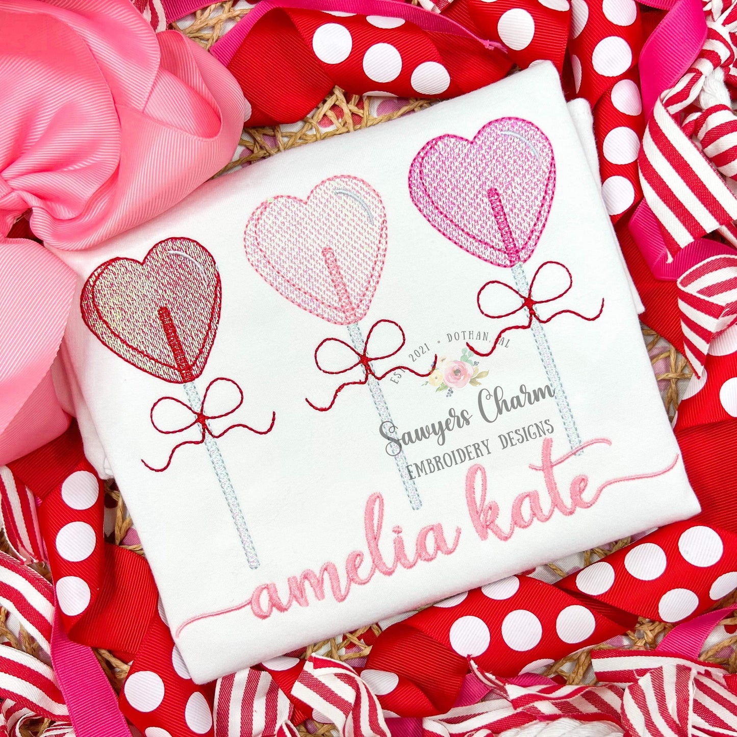 Valentine's Day lollipop heart suckers trio with & without bows sketch stitch machine embroidery design file, quick stitch love XOXO be mine