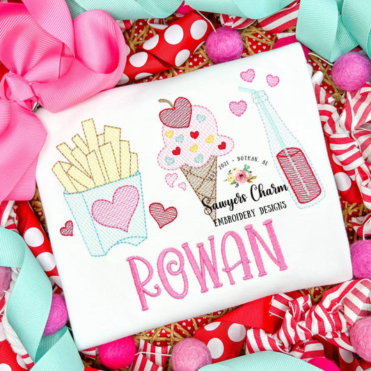 Valentine's Day french fries, ice cream, soda pop hearts trio sketch stitch machine embroidery design file, quick stitch, love fast food