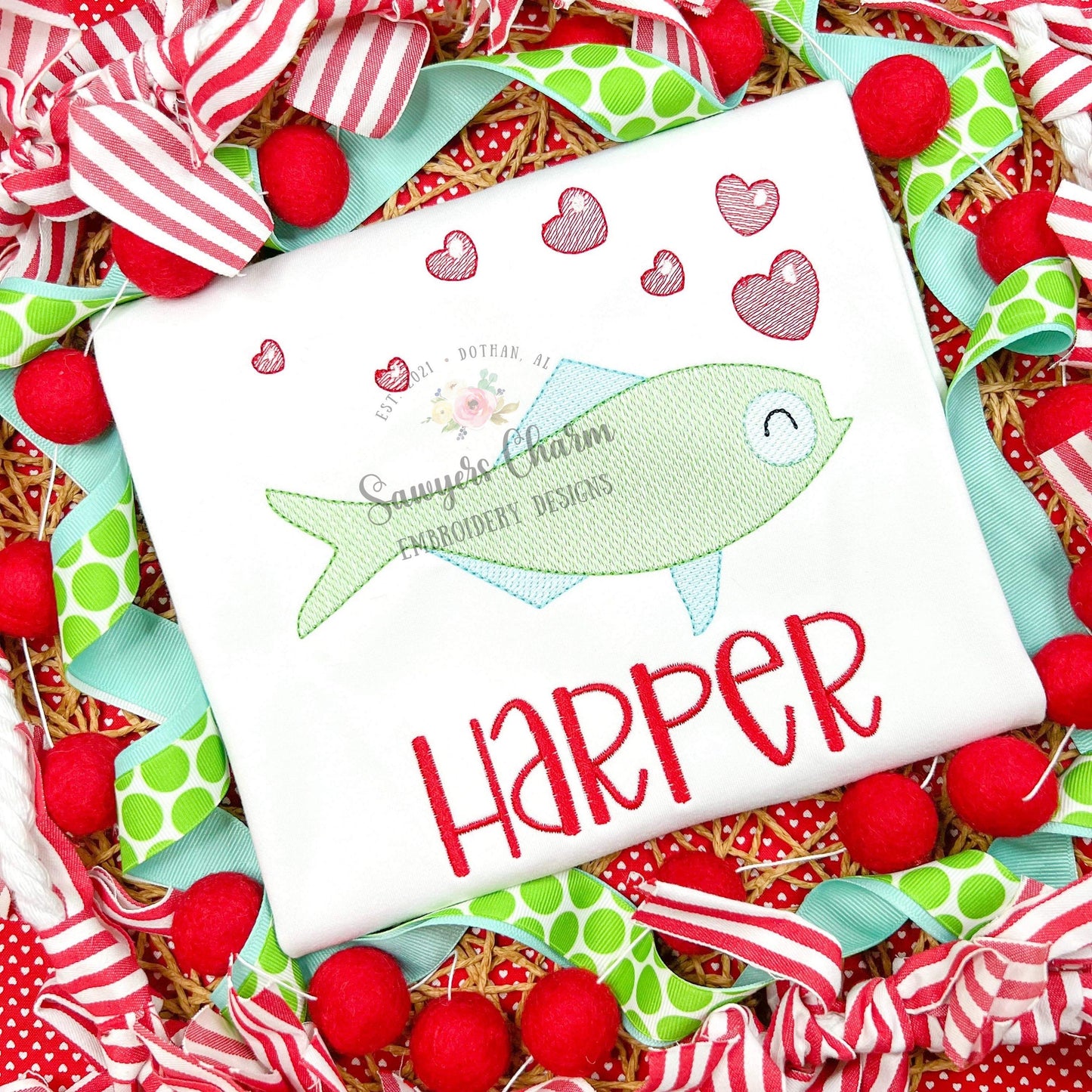 BUNDLE Fish heart bubbles with & without bow sketch stitch machine embroidery design file, bean stitch, fishing, love XOXO be mine, catch