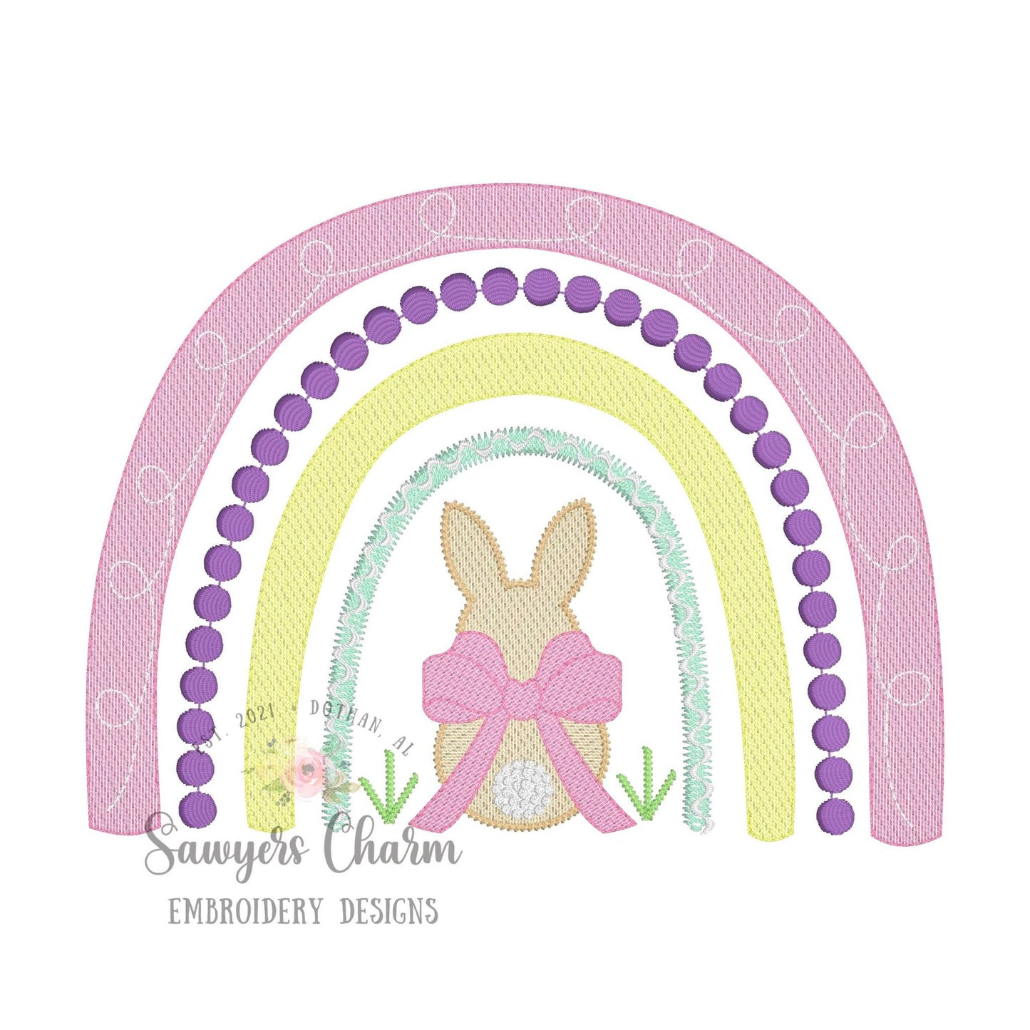 Easter bunny rainbow with bow in grass sketch stitch machine embroidery design file, quick stitch, french knot tail, peter cottontail rabbit
