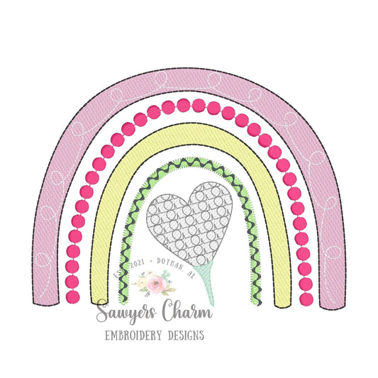 Golf ball rainbow heart shaped balls sketch stitch machine embroidery design file, boho, spring summer, masters, golf club, cart, tee, par