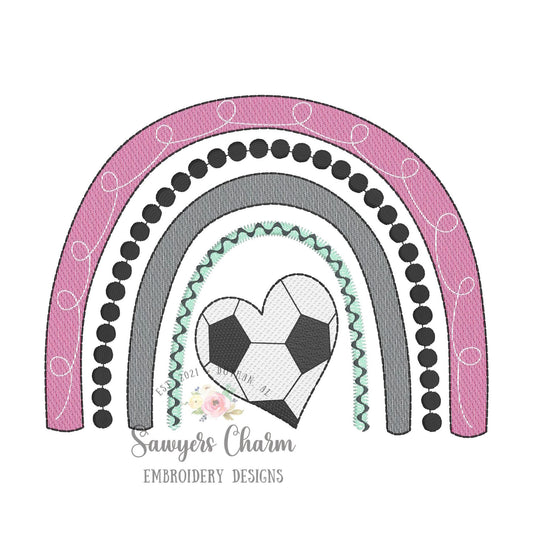 Soccer rainbow heart shaped ball sketch stitch machine embroidery design file, boho, spring, summer, goalie, bean stitch, little league