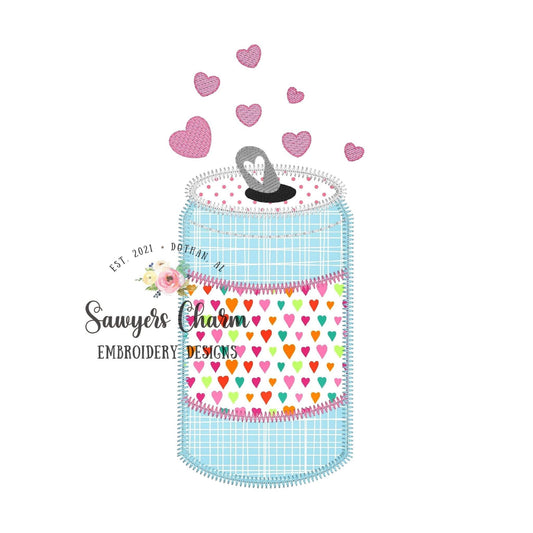 BUNDLE Soda can/pop with heart fizz bean & zigzag stitch machine applique embroidery design file, love Valentine's Day Be mine, XOXO