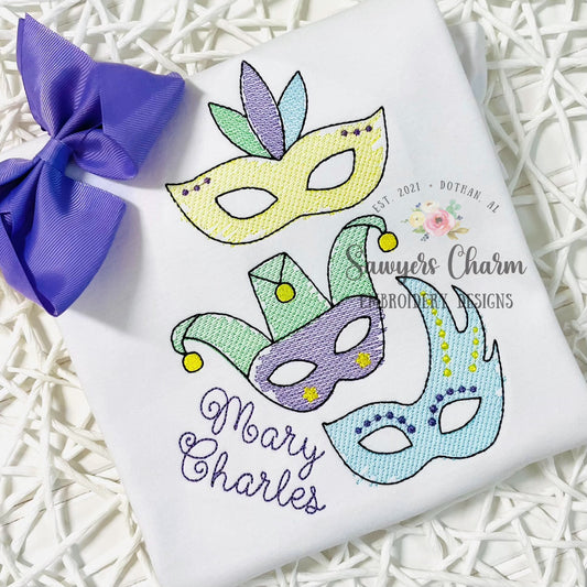 Mardi Gras masks trio "watercolor" sketch stitch machine embroidery design file, quick stitch, bean stitch, jester, beads, good times roll