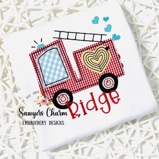 BUNDLE Valentine's Day Firetruck with hearts, zigzag & bean stitch machine applique embroidery design file, quick stitch, love XOXO , hose