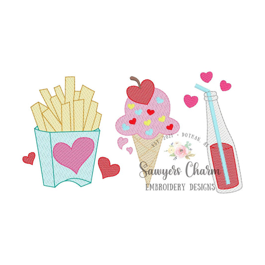 Valentine's Day french fries, ice cream, soda pop hearts trio sketch stitch machine embroidery design file, quick stitch, love fast food