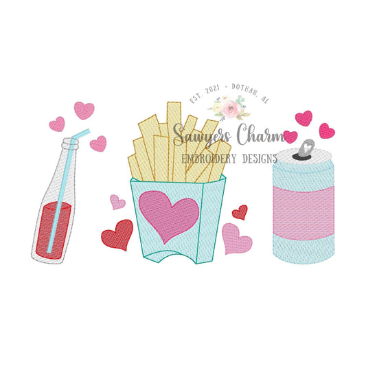 Valentine's Day soda pop, french fries, soda bottle hearts trio sketch stitch machine embroidery design file, quick stitch, love fast food