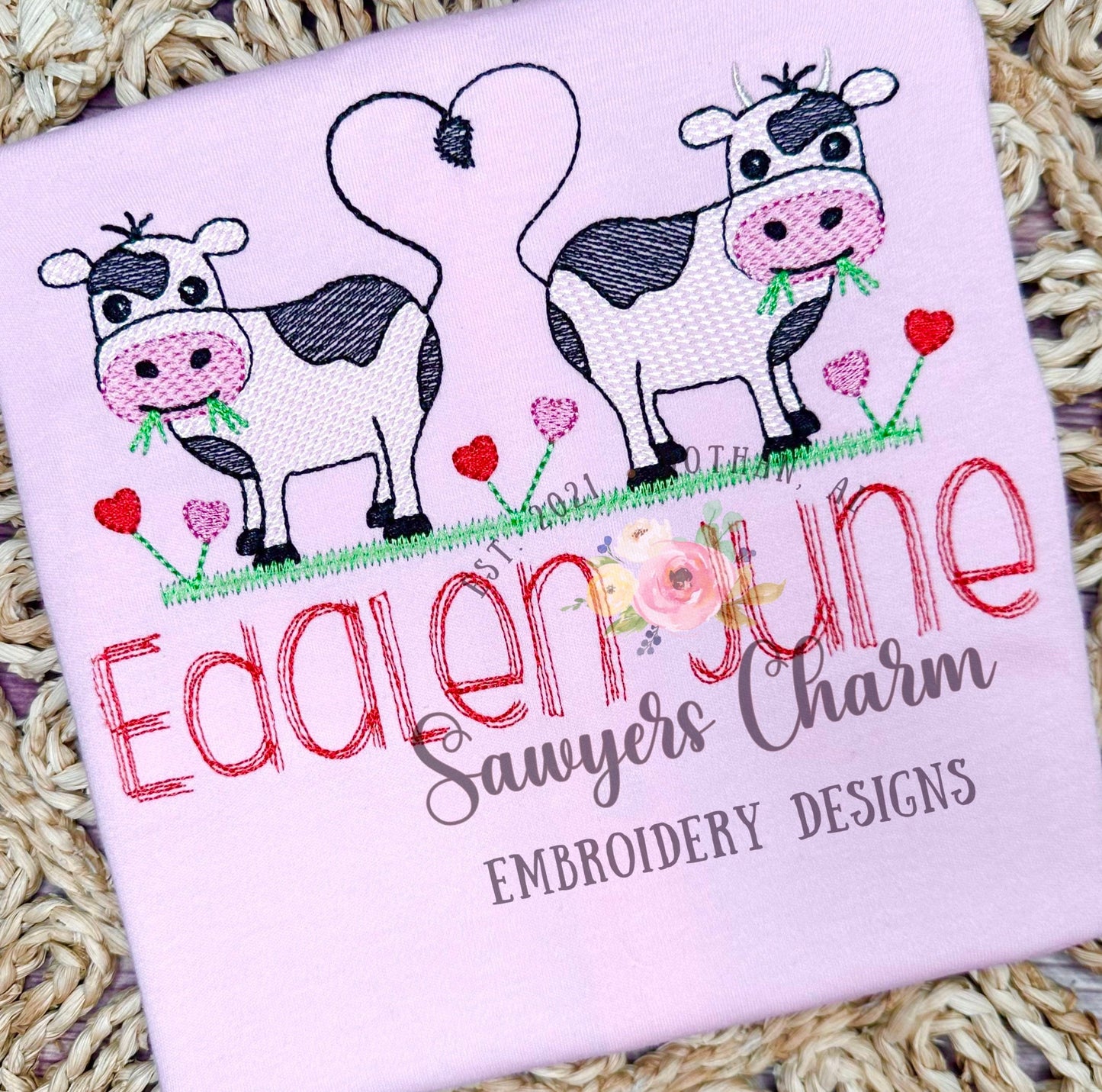 Valentine's Day Cows with hearts/flowers sketch stitch machine embroidery design file, quick stitch, bean stitch, love, farm animals, XOXO