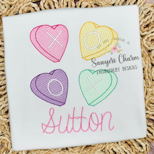 Valentine's Day conversation candy hearts sketch stitch machine embroidery design file, quick stitch, bean stitch, love, XOXO, hugs & kisses