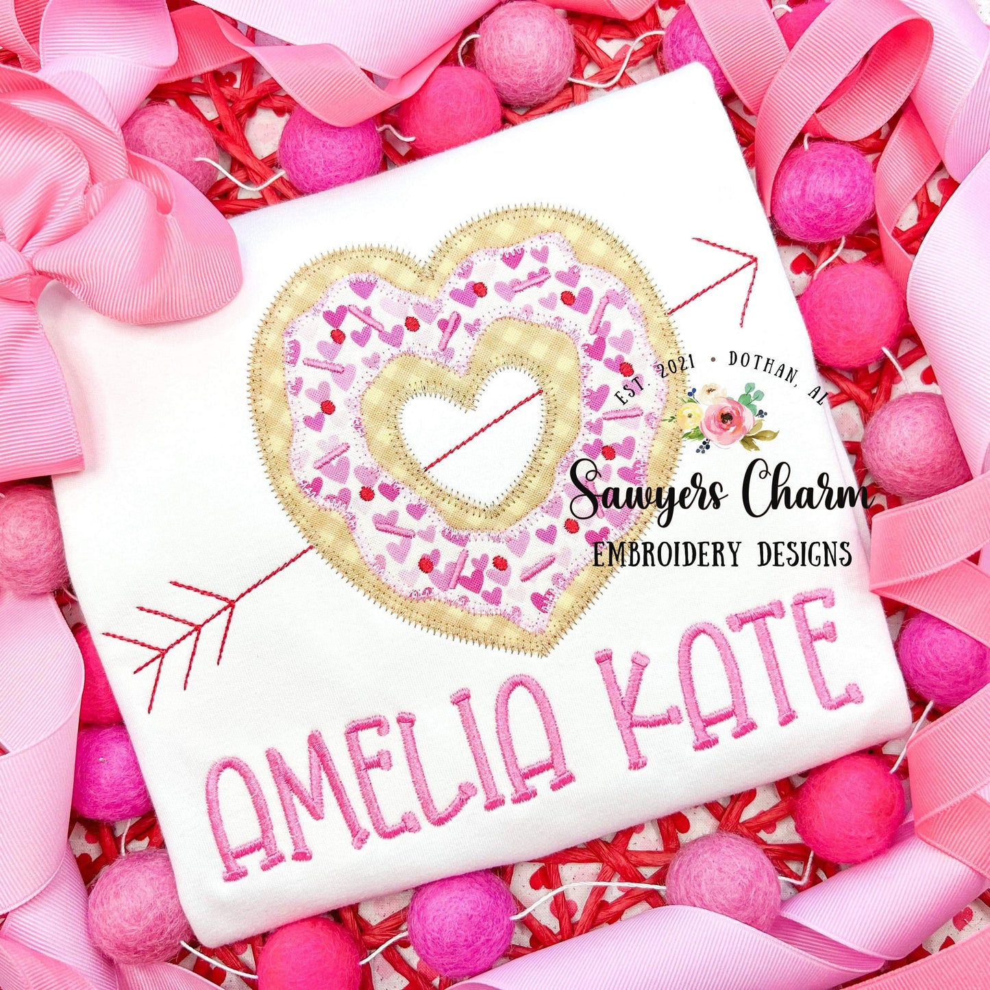 Valentine's Day heart donut arrow machine applique embroidery design file, zig zag stitch, quick stitch, love, cupid, snacks sprinkles