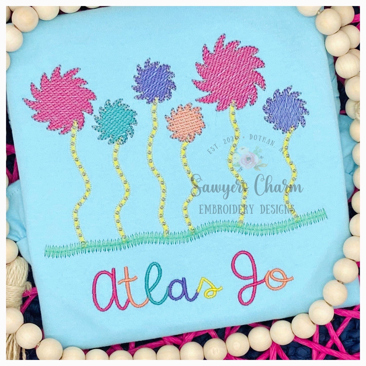 Whimsical flowers sketch stitch machine embroidery design file quick stitch, bean stitch Read Across America, cat hat doctor