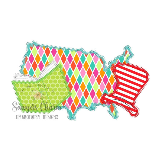 BUNDLE Read Across America bean and zigzag stitch applique, machine embroidery design file quick stitch, book, learning, cat hat whimsical