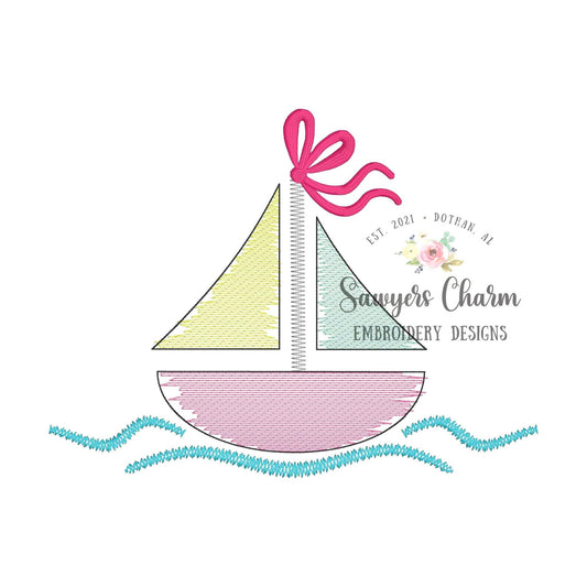 BUNDLE sailboat with & without bow/flag watercolor sketch stitch machine embroidery design file, summer nautical beach, water vessel waves