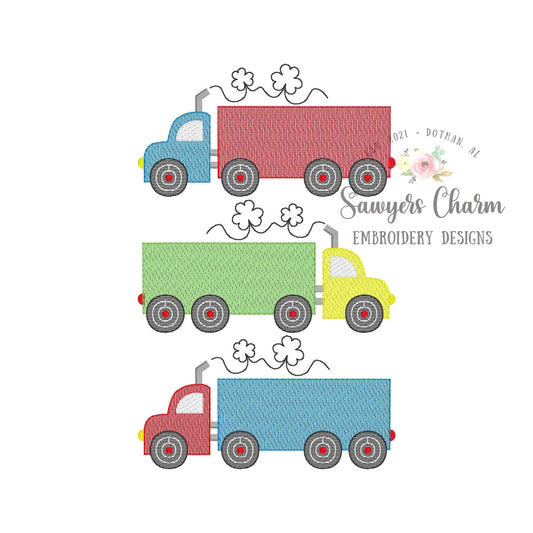 Semi big truck trio with shamrock smoke sketch stitch machine embroidery design file, bean stitch details, transportation vehicle, hauler
