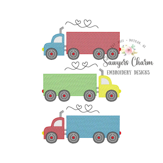 Valentine Semi big truck trio with hearts smoke sketch stitch machine embroidery design file, bean stitch details, transportation vehicle