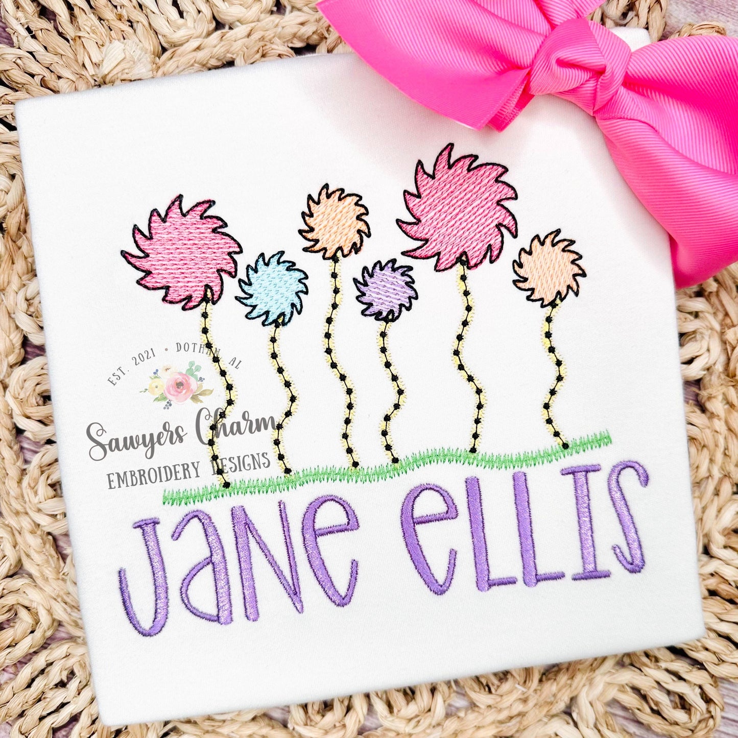 Whimsical flowers sketch stitch machine embroidery design file quick stitch, bean stitch Read Across America, cat hat doctor